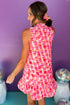 Pink Abstract Print Frilly Neck Sleeveless Mini Dress